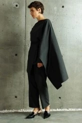 Charcoal Asymmetrical Blouse with Shawl Detail - 4