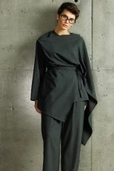 Charcoal Asymmetrical Blouse with Shawl Detail - 3