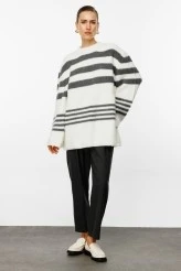 Ecru Striped Oversized Knit Cardigan - 3