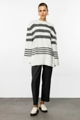 Ecru Striped Oversized Knit Cardigan - 1