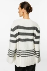 Ecru Striped Oversized Knit Cardigan - 5