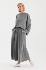 Gray Double-Sleeve Detailed Skirted Basic Set - 1