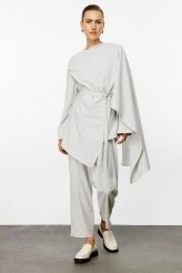 Light Gray Asymmetrical Blouse with Shawl Detail - 1