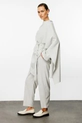 Light Gray Asymmetrical Blouse with Shawl Detail - 4