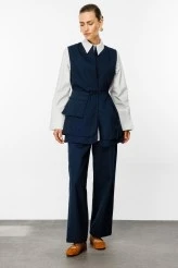 Navy Gabardine Pocketed Belted Vest - 3