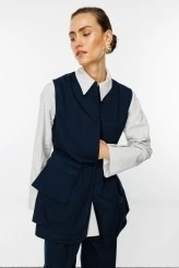 Navy Gabardine Pocketed Belted Vest - 4