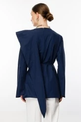 Navy Scarf Detailed Poplin Blouse - 7