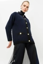 Navy Textured Polo Collar Cardigan - 4