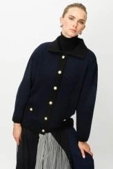 Navy Textured Polo Collar Cardigan - 1