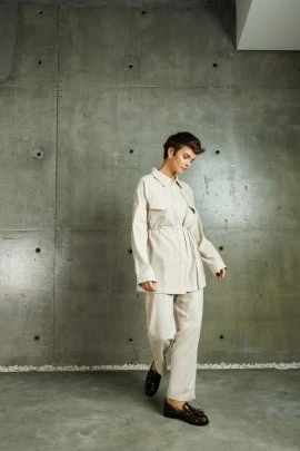 Bej Dökümlü Oversize Gömlek - KUAD