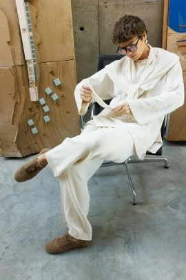 Ecru Knit Sweater With Scarf - KUAD