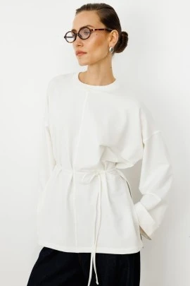 Ekru Yırtmaçlı Oversize Sweatshirt - KUAD