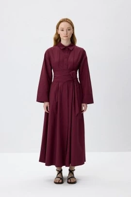 Bordo Kuşaklı Gömlek Elbise - KUAD