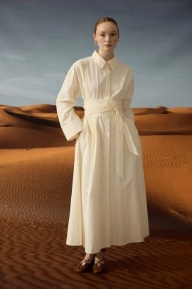 Tereyağ Sarısı Kuşaklı Gömlek Elbise - KUAD