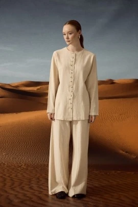 Naturel Ayarlanabilir Bel Doğal Dokulu Gömlek - KUAD