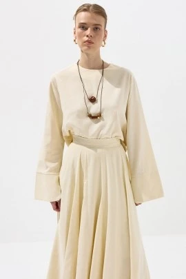 Tereyağ Manşetli Pamuk Crop Bluz - KUAD