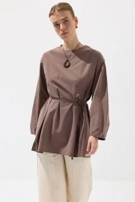 Sütlü Kahve Pileli Basic Tunik - KUAD