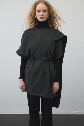 Koyu Gri Kaşe Dokulu Şallı Yelek - KUAD