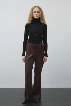 Acı Kahve Beli Lastikli Saten Palazzo Pantolon - KUAD