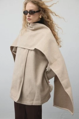 Beige Wool-Blend Jacket with Scarf - KUAD