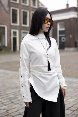 Ekru Asimetrik Gabardin Gömlek - KUAD