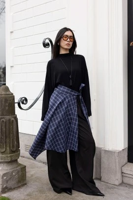 Lacivert Ekose Bağlamalı Etek - KUAD