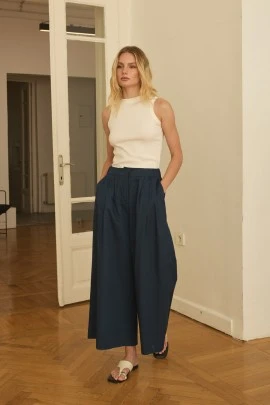 Lacivert Ön Pileli Culotte Pantolon - KUAD