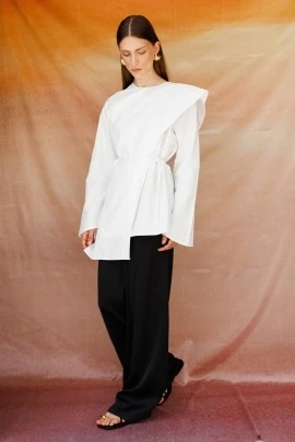 Ekru Şal Detaylı Poplin Bluz - KUAD