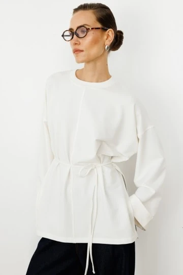 Ekru Yırtmaçlı Oversize Sweatshirt - KUAD