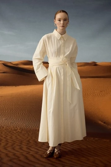 Tereyağ Sarısı Kuşaklı Gömlek Elbise - KUAD