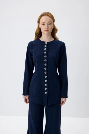 Navy Blue Natural Shirt with Adjustable Waist - KUAD
