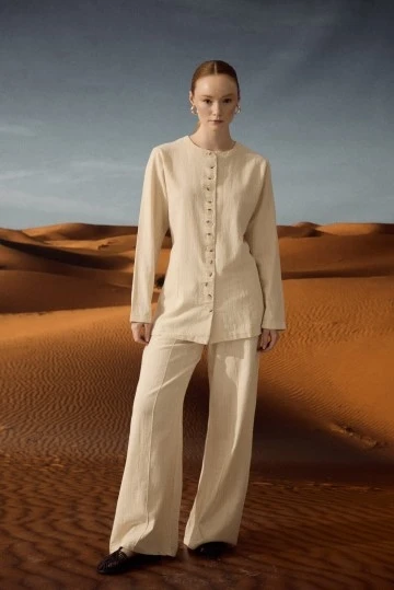 Natural Textured Pintuck Trousers - KUAD (1)