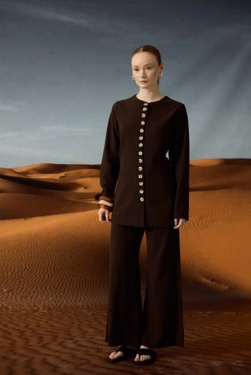 Dark Bown Natural Textured Pintuck Trousers - KUAD (1)