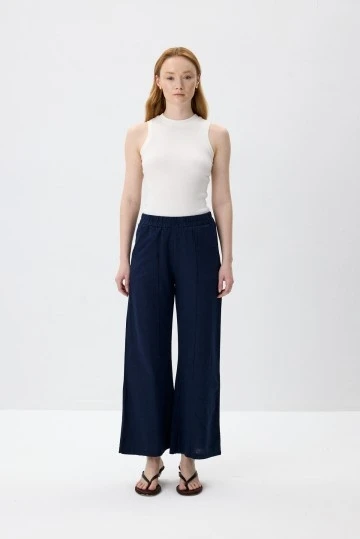 Navy Blue Natural Textured Pintuck Trousers - KUAD
