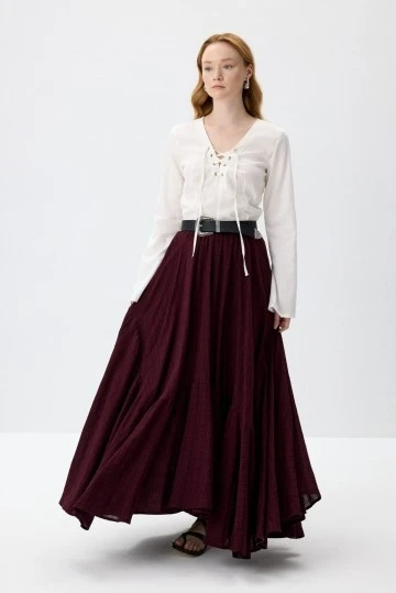 Burgundy Ruched Maxi Skirt - KUAD