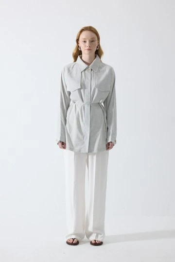 Açık Gri Dökümlü Oversize Gömlek - KUAD