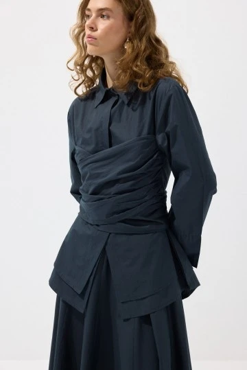 Navy Waist-Tie Poplin Shirt - KUAD (1)