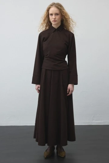 Dark Brown Belted Wrap Shirt - KUAD
