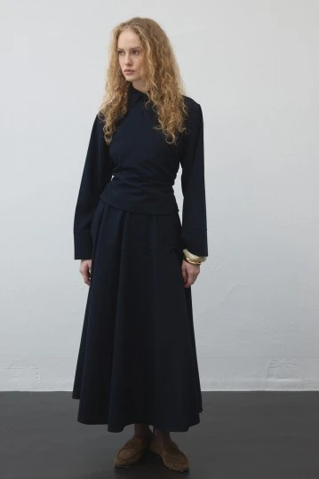 Navy Blue Belted Wrap Shirt - KUAD