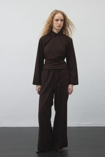 Dark Brown Elastic Waist Draped Pants - KUAD