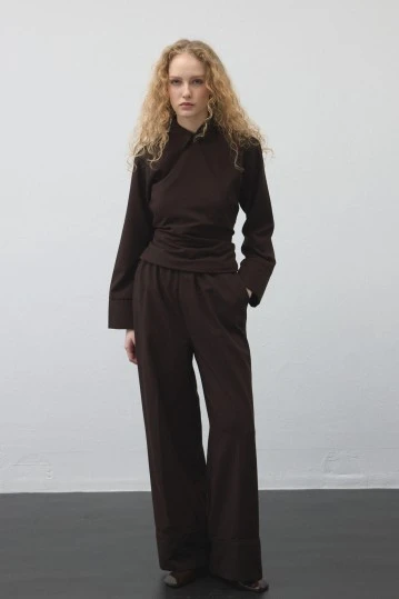 Dark Brown Elastic Waist Draped Pants - KUAD (1)