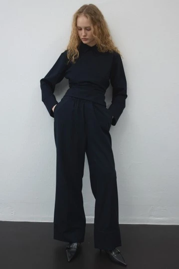 Navy Blue Elastic Waist Draped Pants - KUAD