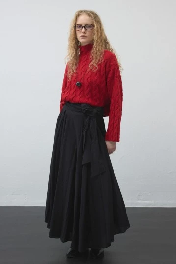 Siyah Kuşaklı Asimetrik Vual Etek - KUAD