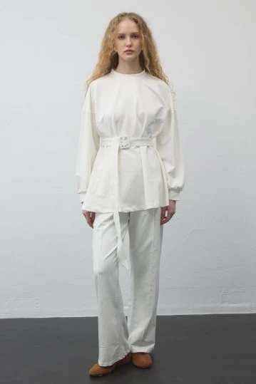 Ekru Kemerli Basic Sweat Pantolonlu Takım - KUAD