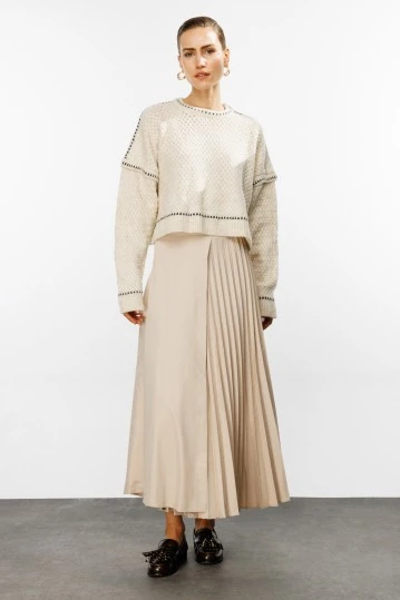 Beige Pleated Detail Skirt - KUAD