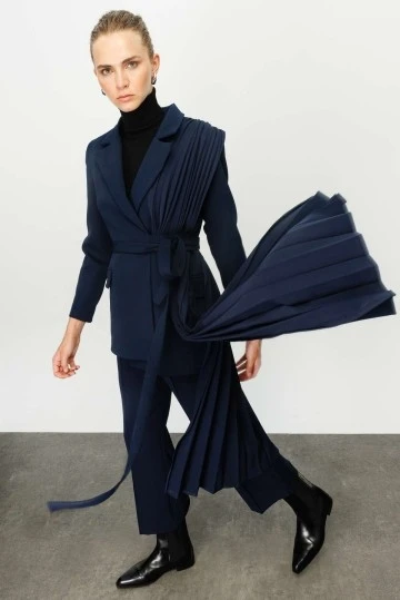 Navy blue Pleated Detail Blazer - KUAD (1)