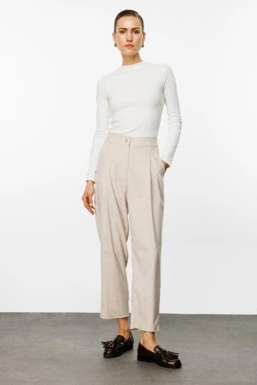 Beige Carrot Cut Pants with Pockets - KUAD