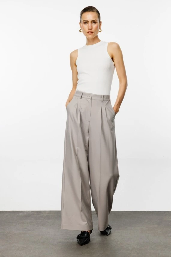 Stone Pleated Palazzo Trousers - 3