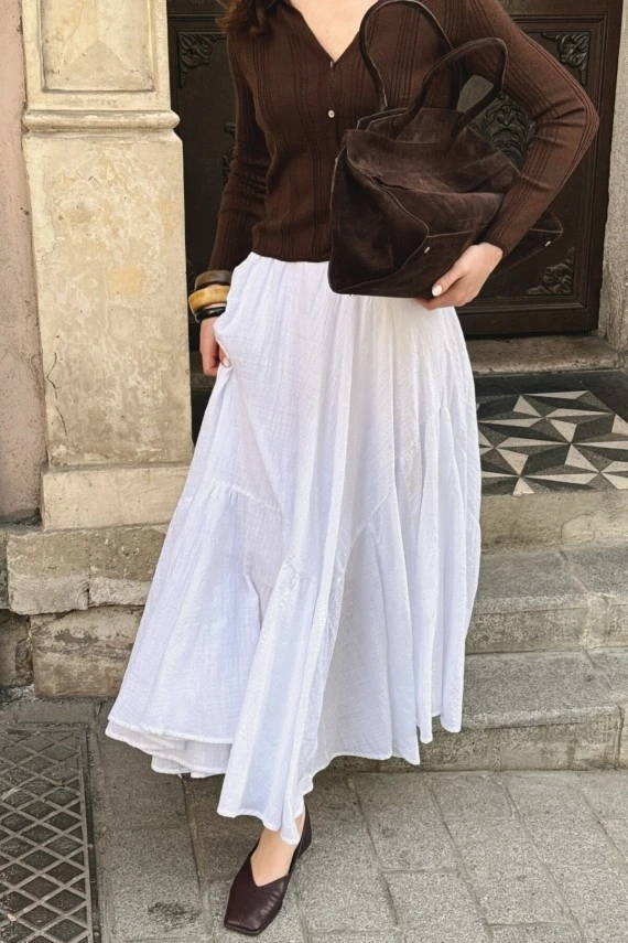 Beyaz Büzgülü Maxi Etek - 3