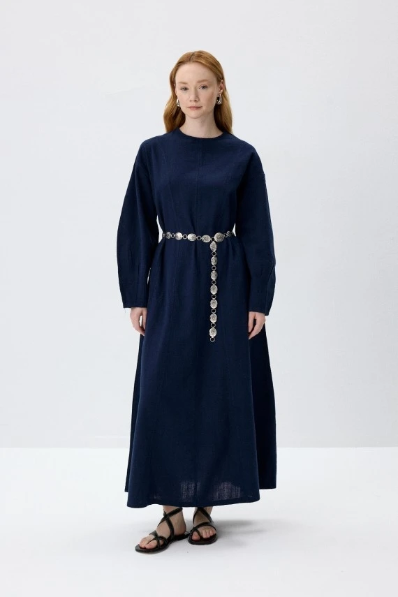 Navy Blue Natural Textured Cotton Dress - 1
